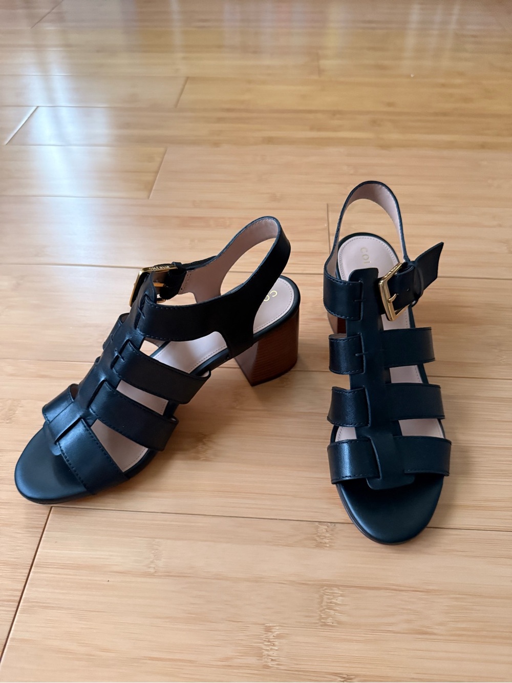 Cole Haan - Josie - Fisherman Block Heel Sandals w Gold Buckle - Black -Size 7.5